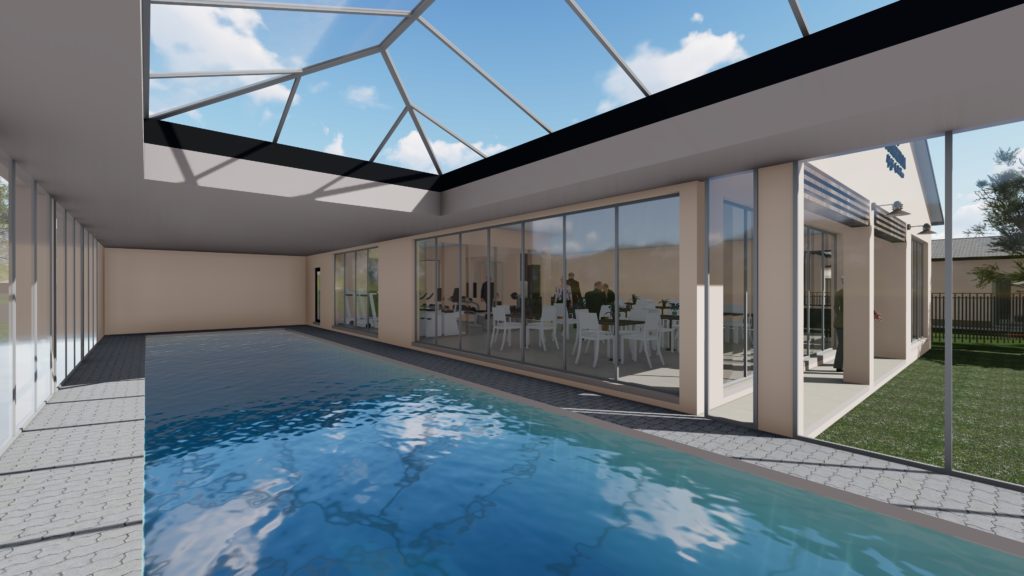 Showcase the retirement village clubhouse pool and cafeteria area.